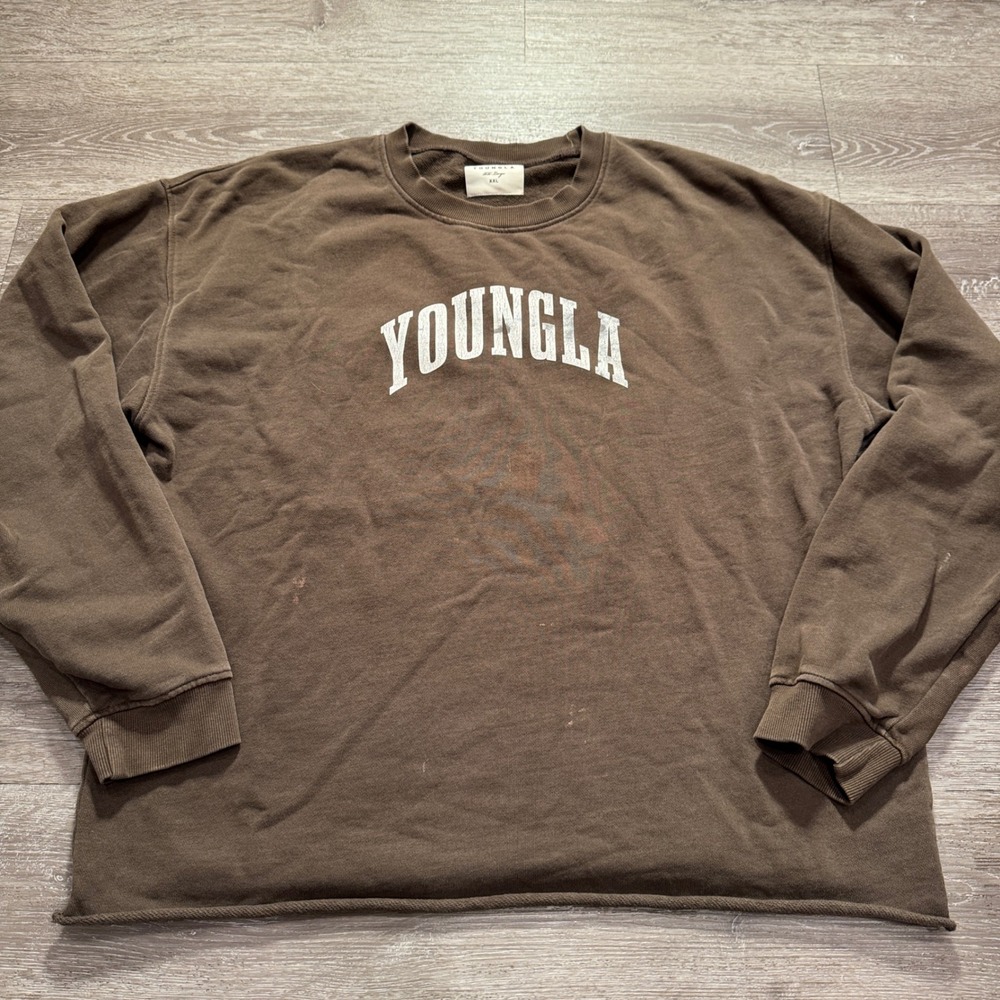 YOUNGLA Sweatshirt Mens XXL Brown Cotton Gym Workout Streetwear Oversized Y2K